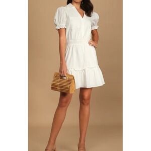 Lulus Sunny Day Picnic White Puff Sleeve Collared Mini Dress Small